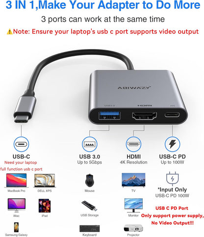USB C to HDMI Multiport Adapter with 4K HDMI Output,Type-C Hub Converter to 4K HDMI USB 3.0 PD Charging Port,USB-C Digital AV Multiport Adapter for MacBook Pro/air,iPad Pro &More USBC Devices(Grey)