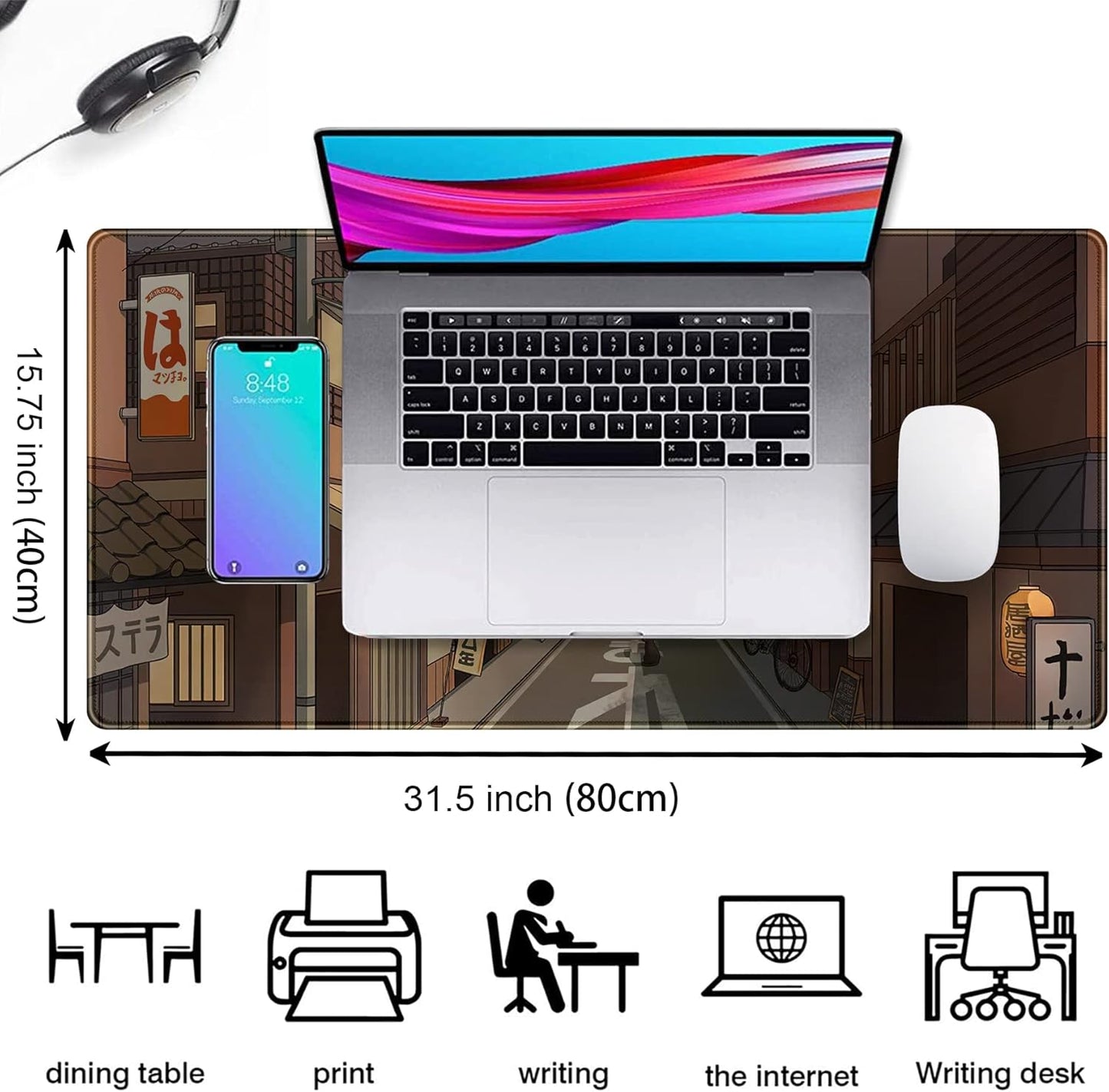 Tokyo Street at Night Kawaii Japanese XL Mouse Pad, Cute Gaming Desk Pads, Anime Large Desktop Mat, XXL Keyboard Mats, Extended Laptop Mat 31.5''X15.7''