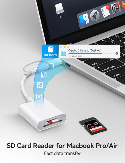 SD Card Reader for iPhone, SD Card Adapter with Lightening & USBC Dual-Connector for iPhone 5-14, USB-C iPhone 15, iPad, Mac or MacBook, Supports SD MicroSD Trail Camera Viewer, Plug and Play