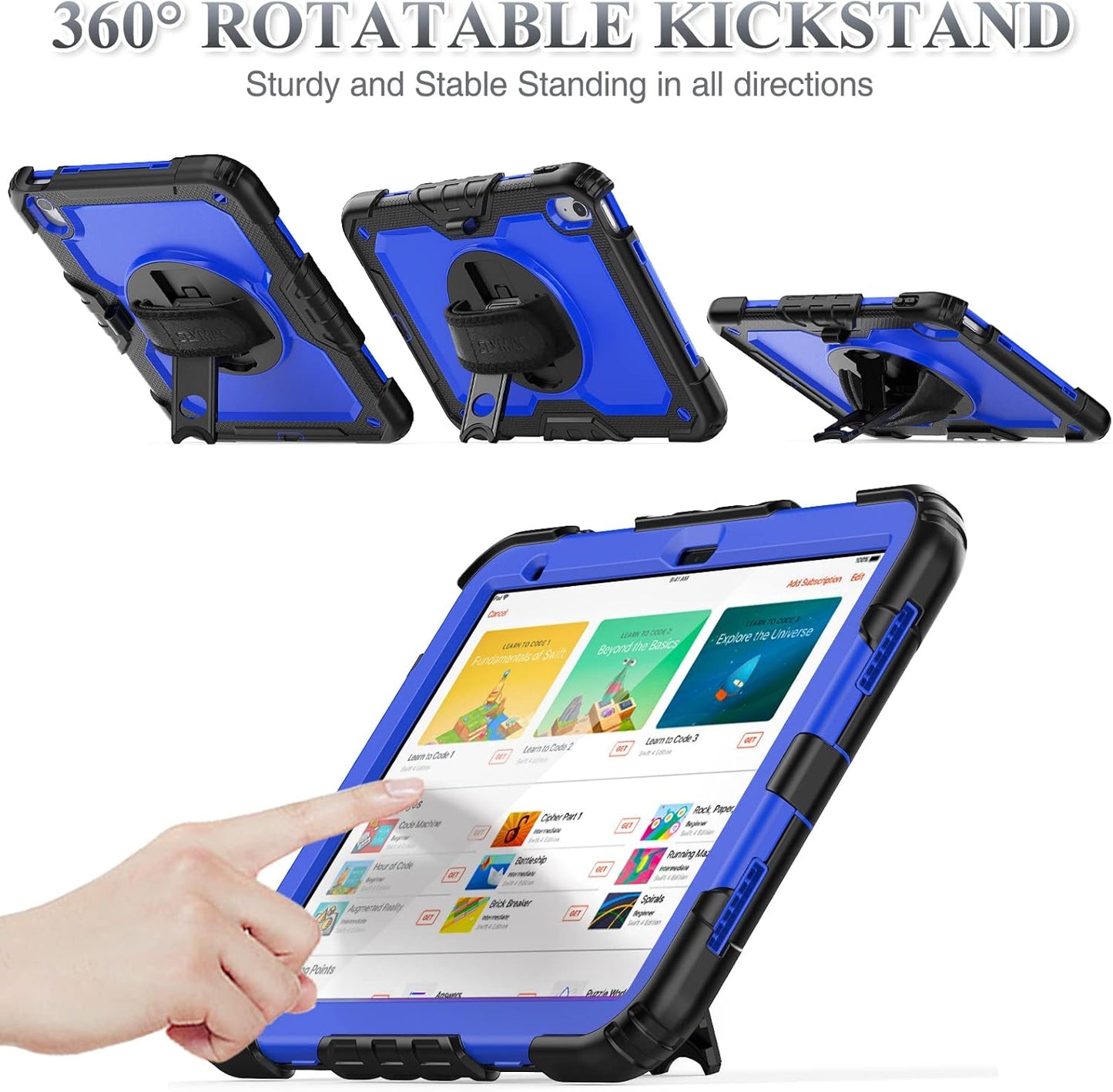 SEYMAC stock Case for iPad (A16) 11th/10th Generation 11''/10.9'' 2025/2022, Full-Body Drop Protection Case with Screen Protector &360° Rotate Hand Strap/Stand, Blue+Black
