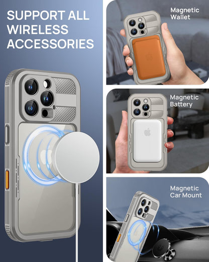 Lanhiem Magnetic for iPhone 16 Pro Max Case, IP68 Waterproof Dustproof Case, [Compatible with Magsafe] [Built-in Screen Protector] Full Body Heavy Duty Rugged Phone Cover 6.9 inch, Natural