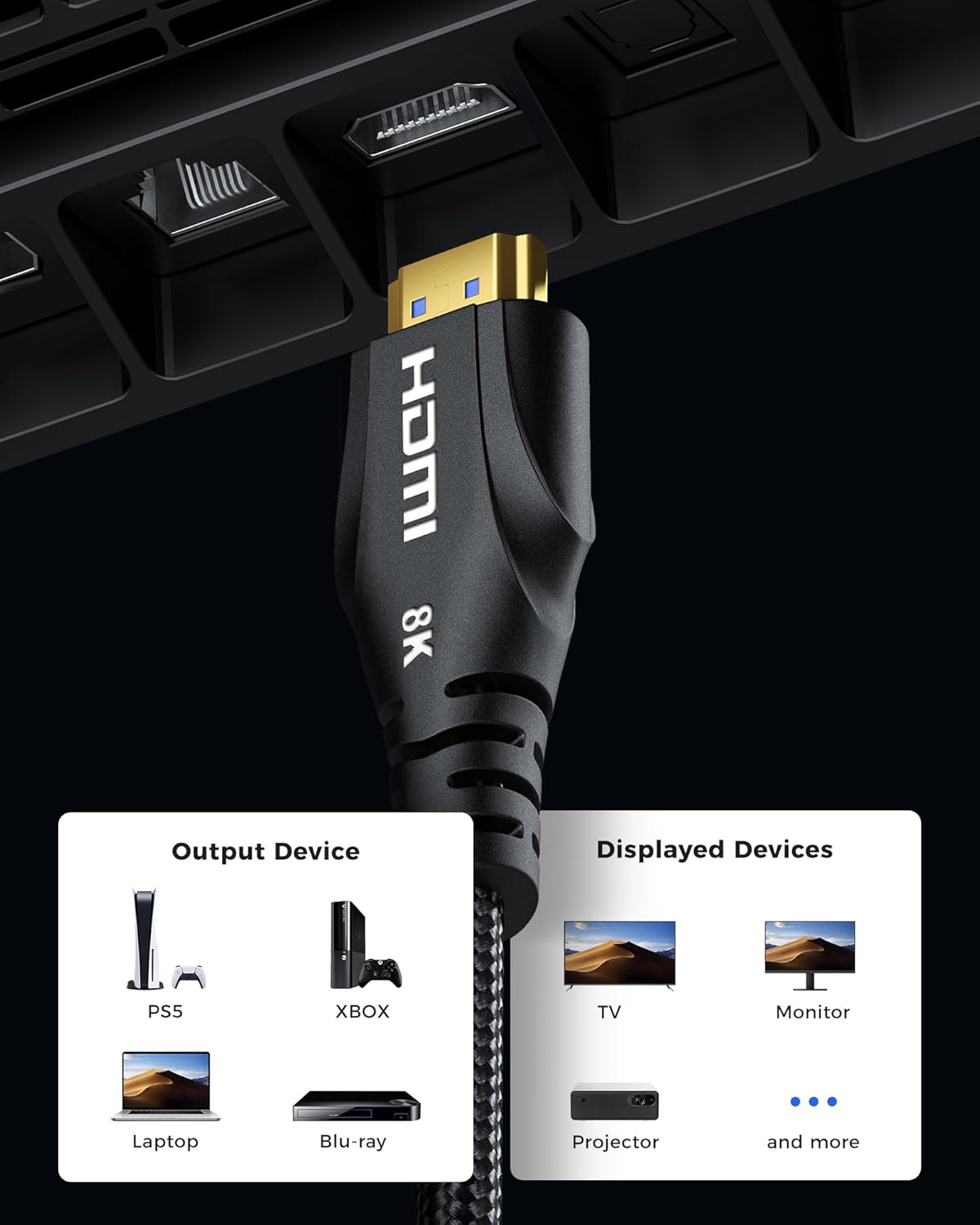 8K HDMI Cable 6.6FT - Ultra High Speed HDMI Cable/Certified/4K 120hz/8K 60hz/48Gbps/Braided/eARC/HDCP 2.2&2.3 - Compatible for Blu-ray/HDTV/PS5/Monitor