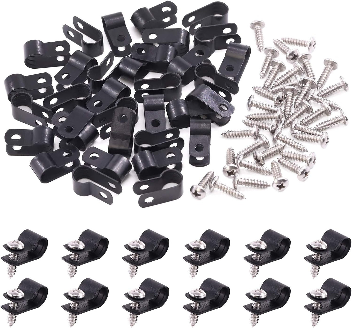 Swpeet 120 Pack Black 5/16 Inch Nylon Plastic R-Type Cable Clips Clamp Kit, Nylon Screw Mounting Cord Fastener Clips with 60 Pack Screws for Wire Management (5/16 Inch, Black)