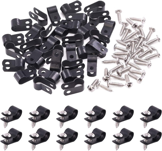 Swpeet 120 Pack Black 5/16 Inch Nylon Plastic R-Type Cable Clips Clamp Kit, Nylon Screw Mounting Cord Fastener Clips with 60 Pack Screws for Wire Management (5/16 Inch, Black)