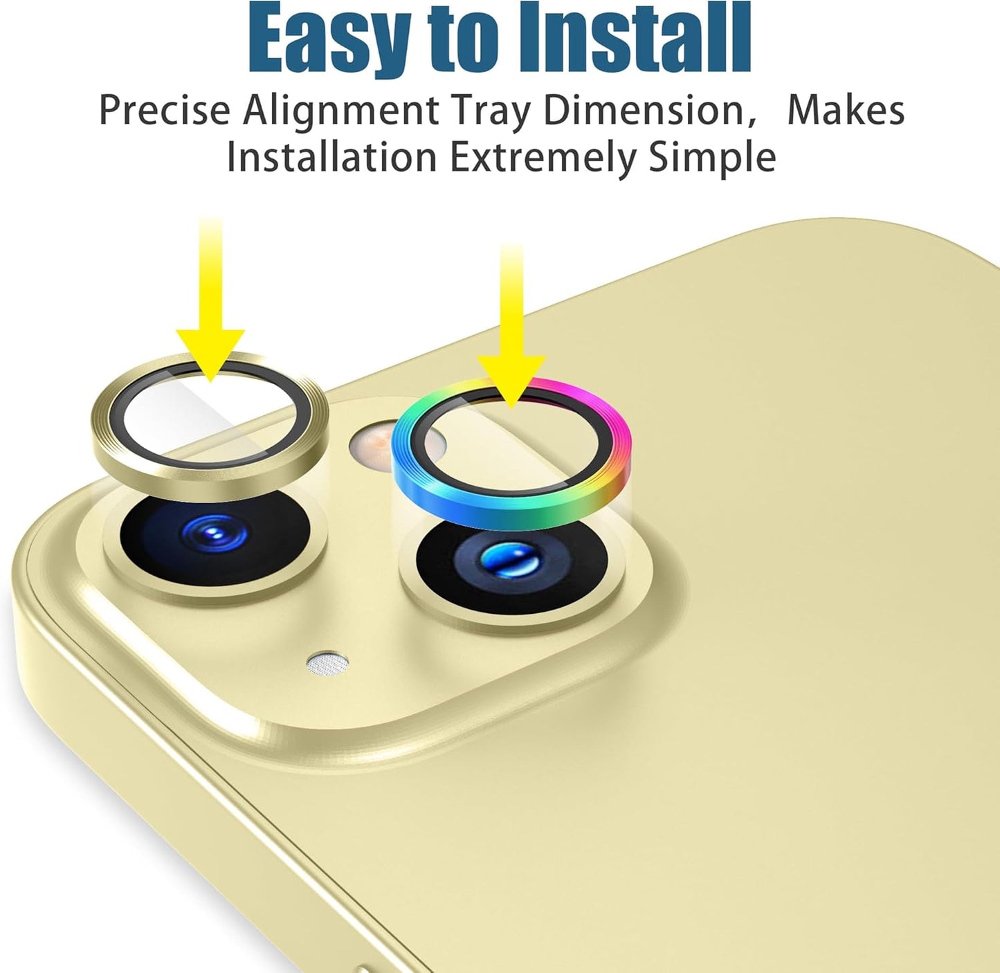 AGVEE 3+3 6 Pack for iPhone 15 6.1" / 15 Plus 6.7" Camera Lens Cover Protector, Metal Ring 9H Tempered HD Glass Camera Cover Protector Film, Yellow