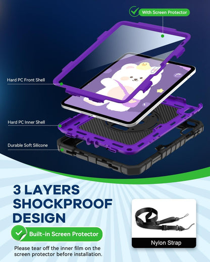 Cantis Case for iPad 11-inch (A16) 2025/ iPad 10th Generation 2022 (10.9 inch) with Screen Protector, iPad 11th Case with 360 Degree Rotating Stand/Shoulder Strap/Pencil Holder, Black+Dark Purple