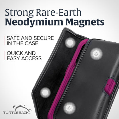 Turtleback Belt Clip for iPhone 16 Pro, 16e, 15 pro 14 Pro 13 Pro -Large- Fits w/Defender Bulky Style Cases, Premium Black Leather, Horizontal Belt Holder, Magnetic Closure HD Rotating Belt Clip