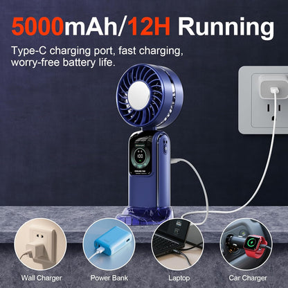 Blows Cold Air Portable Handheld Fan with Stand & Lanyard, 5000mAh USB-C Rechargeable Battery, 12H/5-Speed LED Display Mini Fan for Travel Beach Cruise Concerts Outdoor Events(Blue)