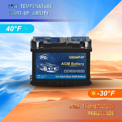 TPE AGM Battery BCI Group 47, Maintenance Free 12V 62Ah, H5 Size, 100RC, 640CCA, Automotive Battery, Reliable Performance for Cars Lead-Acid