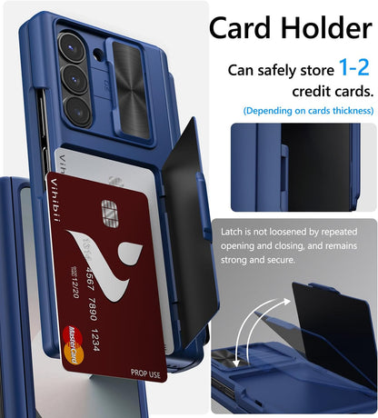 Vihibii for Samsung Galaxy Z Fold 6 Case Wallet with S Pen Holder & Card Holder & Slide Lens Cover & Screen Protector & Hinge Protection, Durable Rugged Protective Phone Case for Galaxy Z Fold6, Blue