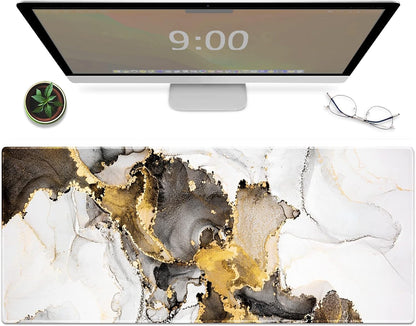 Galdas Large Mouse Pad XXL XL Large Mouse Pad Long Extended Mousepad Desk Pad Non-Slip Rubber Mice Pads Stitched Edges Thin Pad (31.5x11.8x0.12 Inch)-Ink White Gold Marble