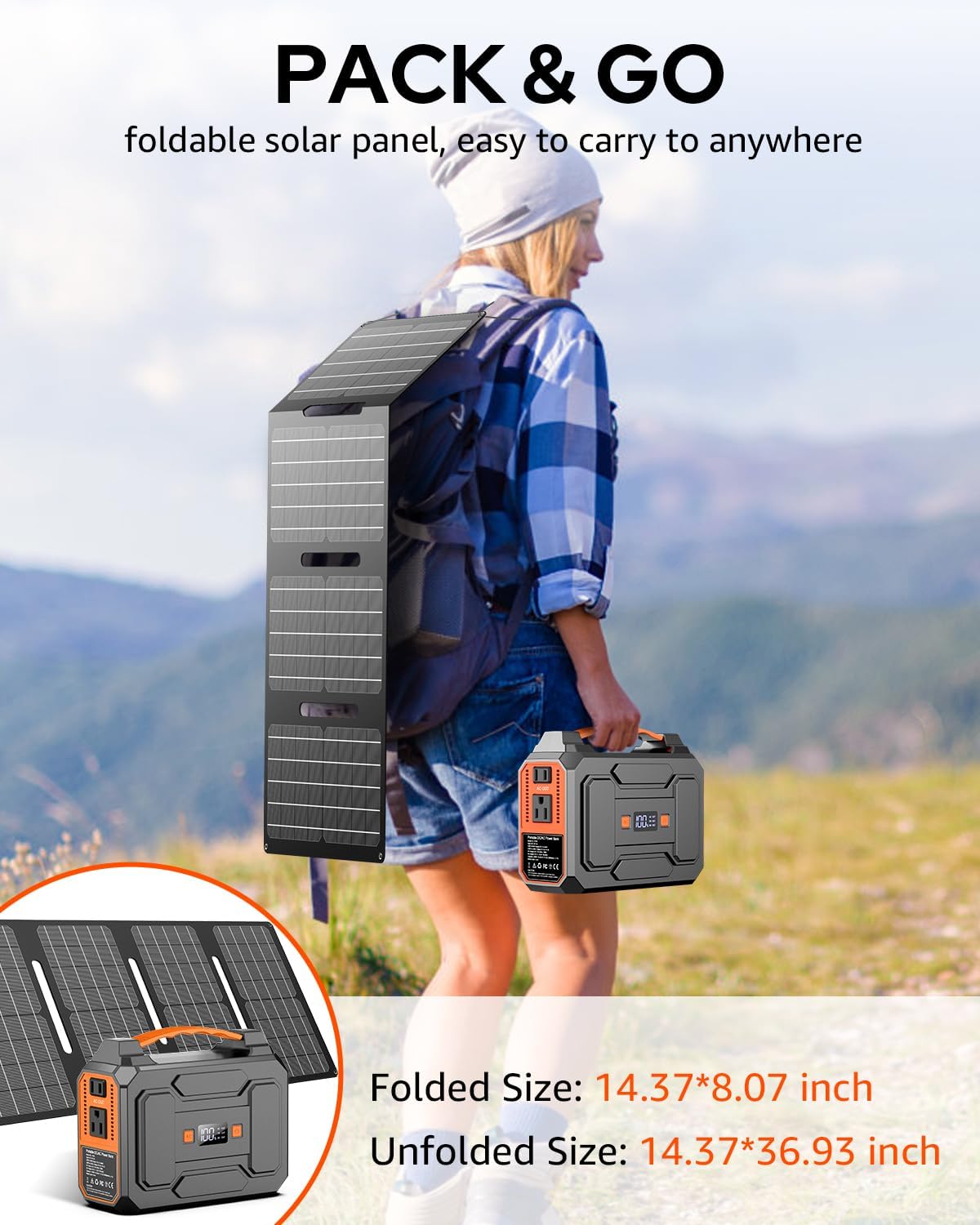 Solar Powered Generator 200W Peak/100W Rated, Portable Solar Generator Power Station with Solar Panels 40W Included, 146Wh Solar Power Bank with AC Outlet 110V for Home Use Camping Outdoor Adventure
