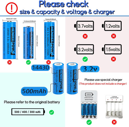 Henreepow LiFePo4 Battery 14430, 3.2v Rechargeable Solar Batteries, 500mAh LiFePo4 Battery for Outdoor Solar Garden Lights, Shaver, Flashlight, Toothbrush (6pack-Not AA Size)