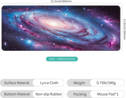 Dynippy Thin Extended Gaming Mouse Pad （31.5 * 11.8 * 0.08 inch） with Stitched Edges Large Mousepad Long XXL Keyboard and Mouse pad Desk Mat for Gaming Office & Home - Spiral Galaxy