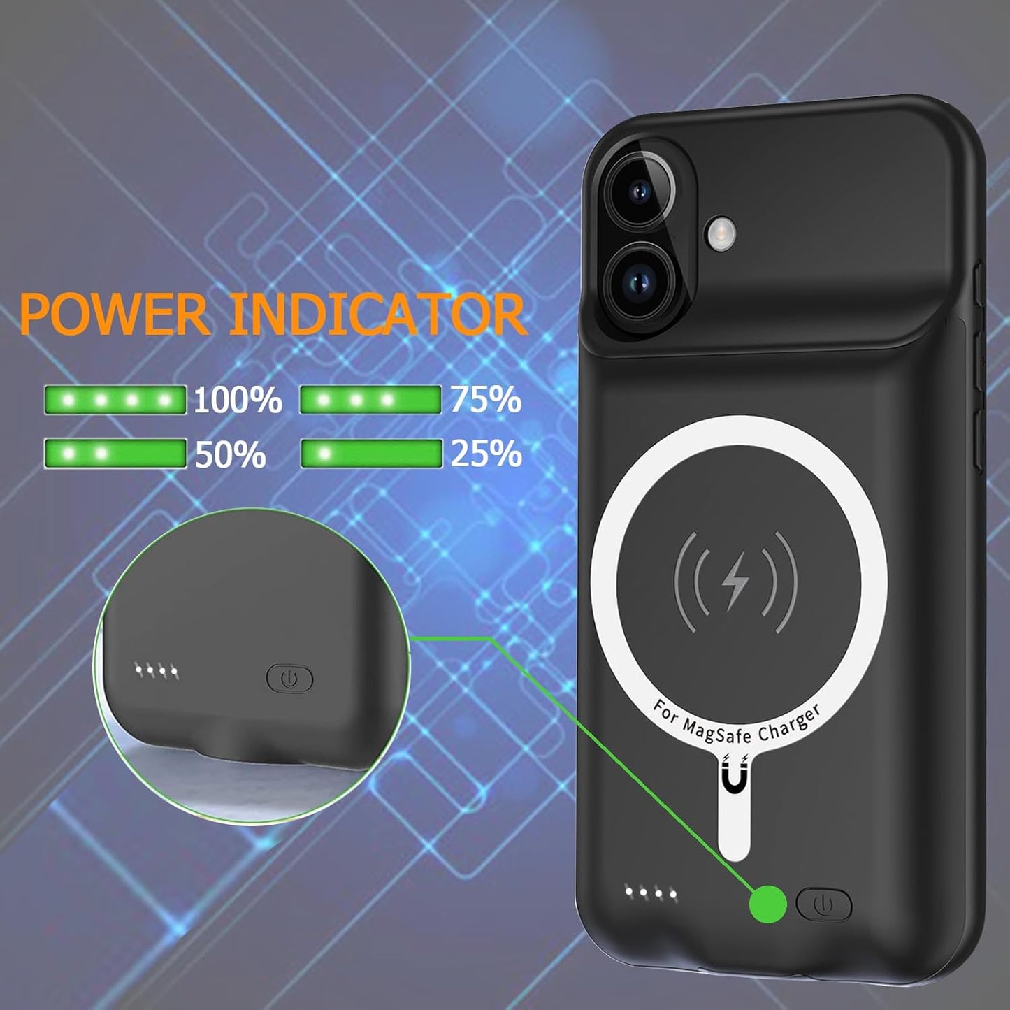 Battery Case for iPhone 16, Upgraded 10000mAh Ultra-Slim Rechargeable Portable Extended Battery Pack Support Qi Wireless Charging Case Compatible with iPhone 16 (6.1 inch) Charger Case Cover(Black)