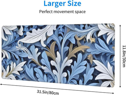 Gaming Mouse Pad, Large Non-Slip Rubber Base Mousepad, Keyboard Mouse Mat, Desk Pad with Stitched Edges, 31.5x11.8inch, Morris Leaves
