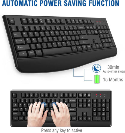 EDJO Wireless Keyboard, 2.4G Ergonomic Full Size Wireless Computer Keyboard with Wrist Rest for Windows, Mac OS Desktop/Laptop/PC（Black）