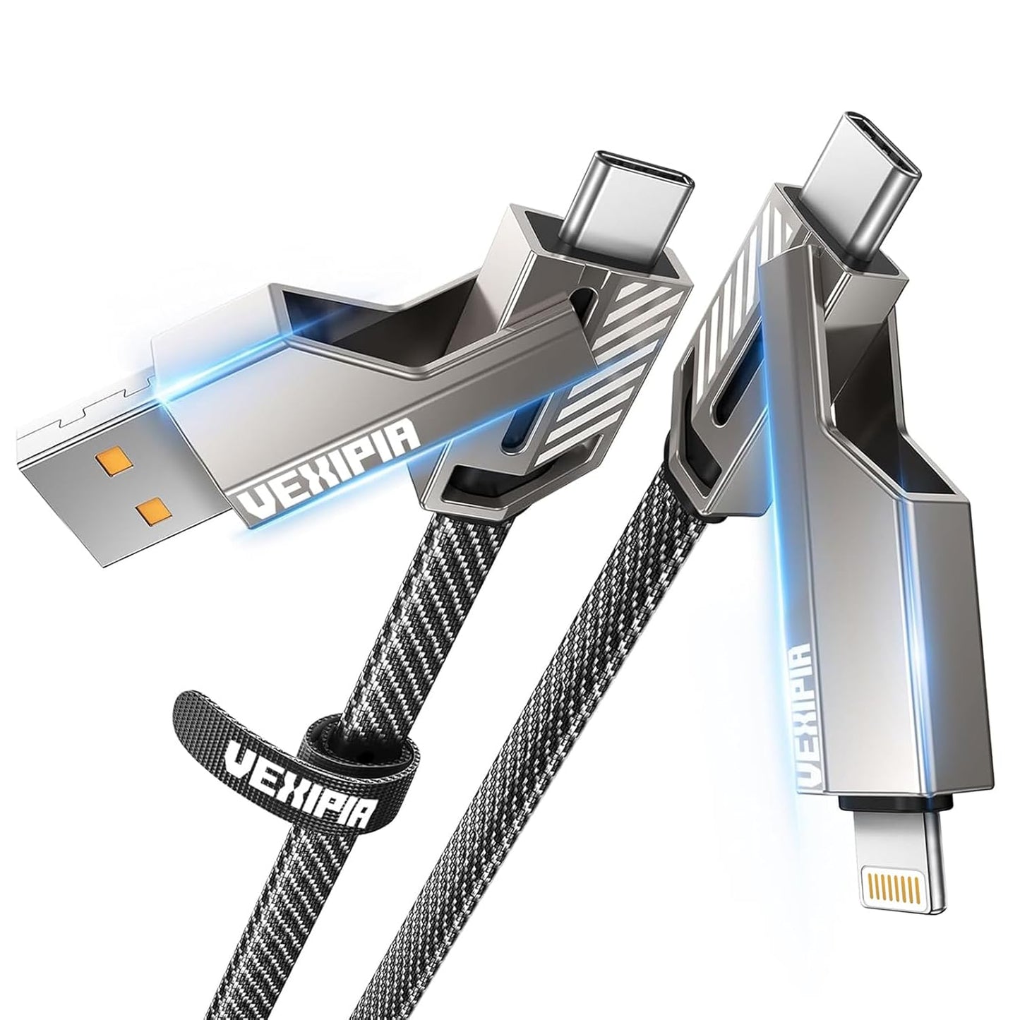 [Upgraded] 4-in-1 USB C Cable 45W 5FT Lightning Cable Fast Charging Flat Nylon Braided for iPhone iPad Charger Cord [480Mbps Data Sync] Multi Charge Combo with Lightning/Type C/USB A Port