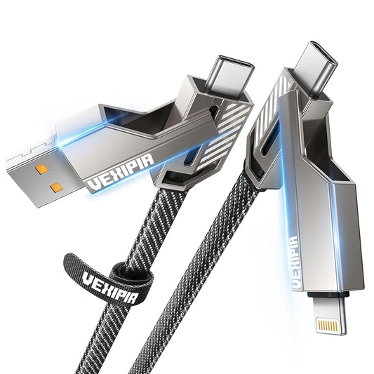 [Upgraded] 4-in-1 USB C Cable 45W 5FT Lightning Cable Fast Charging Flat Nylon Braided for iPhone iPad Charger Cord [480Mbps Data Sync] Multi Charge Combo with Lightning/Type C/USB A Port