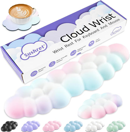 Cloud Wrist Rest Keyboard, Cloud Keyboard Wrist Pad Set with PU Leather Memory Foam, Cute Arm Rest for Palm Support, PC/Gaming Desk Accessories/Office Setup/Computer Hand Cushion - Rainbow