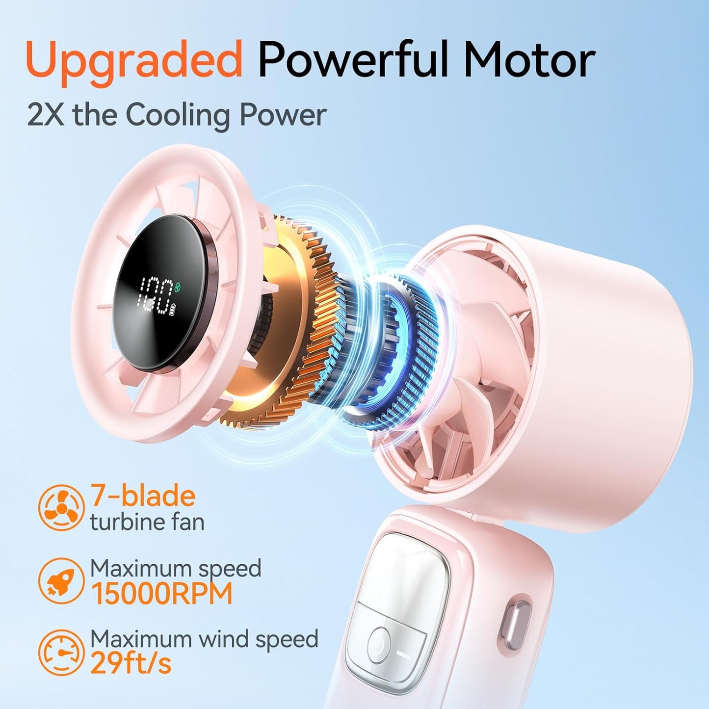 3-in-1 Portable Handheld Turbo Fan-100 Speeds, 15000 RPM, 10Hrs Cooling, LED Display, 90° Rotation, USB Rechargeable Battery Powered, Mini Foldable Hand Held Personal Fan for Women Men (Pink)