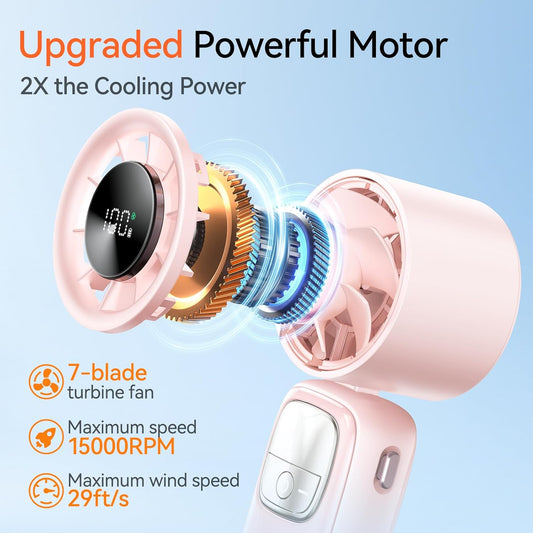 3-in-1 Portable Handheld Turbo Fan-100 Speeds, 15000 RPM, 10Hrs Cooling, LED Display, 90° Rotation, USB Rechargeable Battery Powered, Mini Foldable Hand Held Personal Fan for Women Men (Pink)