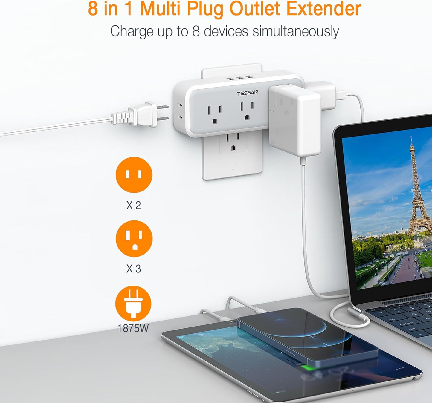 Multi Plug Outlet Splitter, TESSAN Wall Surge Protector 5 Outlet Extender 3 USB Charger Adapter, 3 Way Multiple Power Electrical Plug Expander