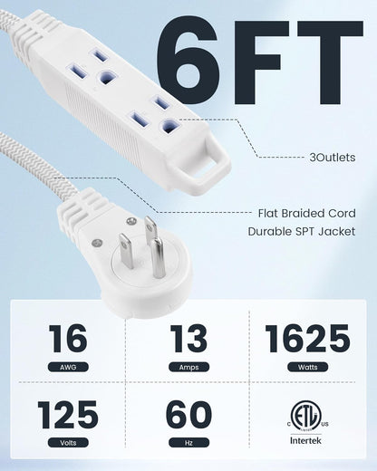 SURAIELEC 6FT Flat Extension Cord with 360° Rotating Plug, Braided Flat Plug with 3 Outlets, 16 AWG Thin White Extension Cord for Indoor Use, Home, Office, Compact Spaces, ETL Listed