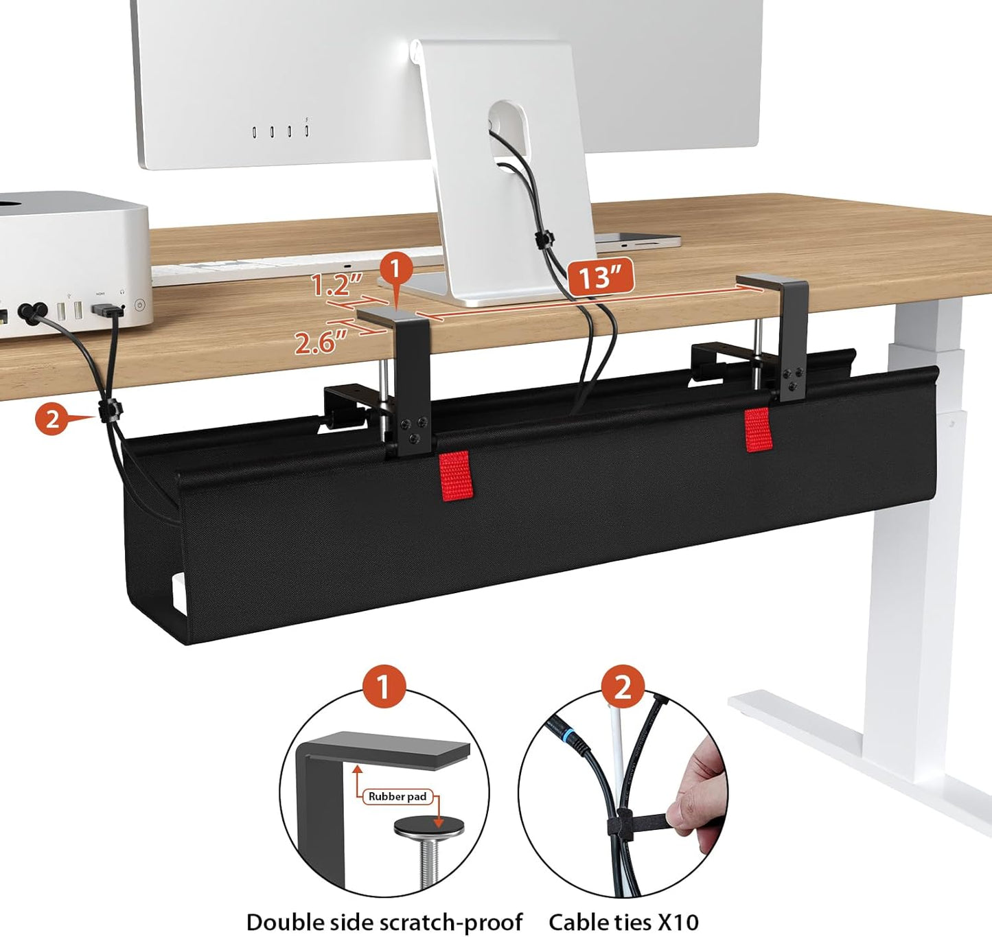Univivi No Drill Under Desk Cable Management Tray, 28" Cord Organizer for Table, Clamp/Screw Mount Desk Cable Management, Premium Fabric Cable Management Tray for Office, Home