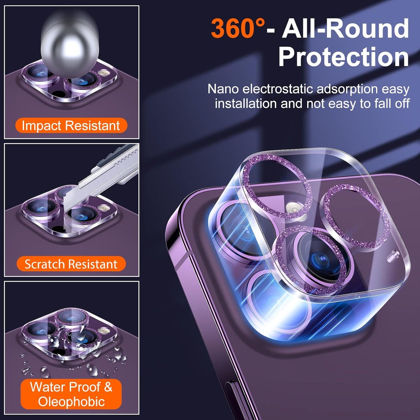 UniqueMe [3 Pack] Compatible for iPhone 14 Pro Max/iPhone 14 Pro Camera Lens Protector Tempered Glass,[Case Friendly][Scratch-Resistant][Night Shooting Mode]-Glitter Purple