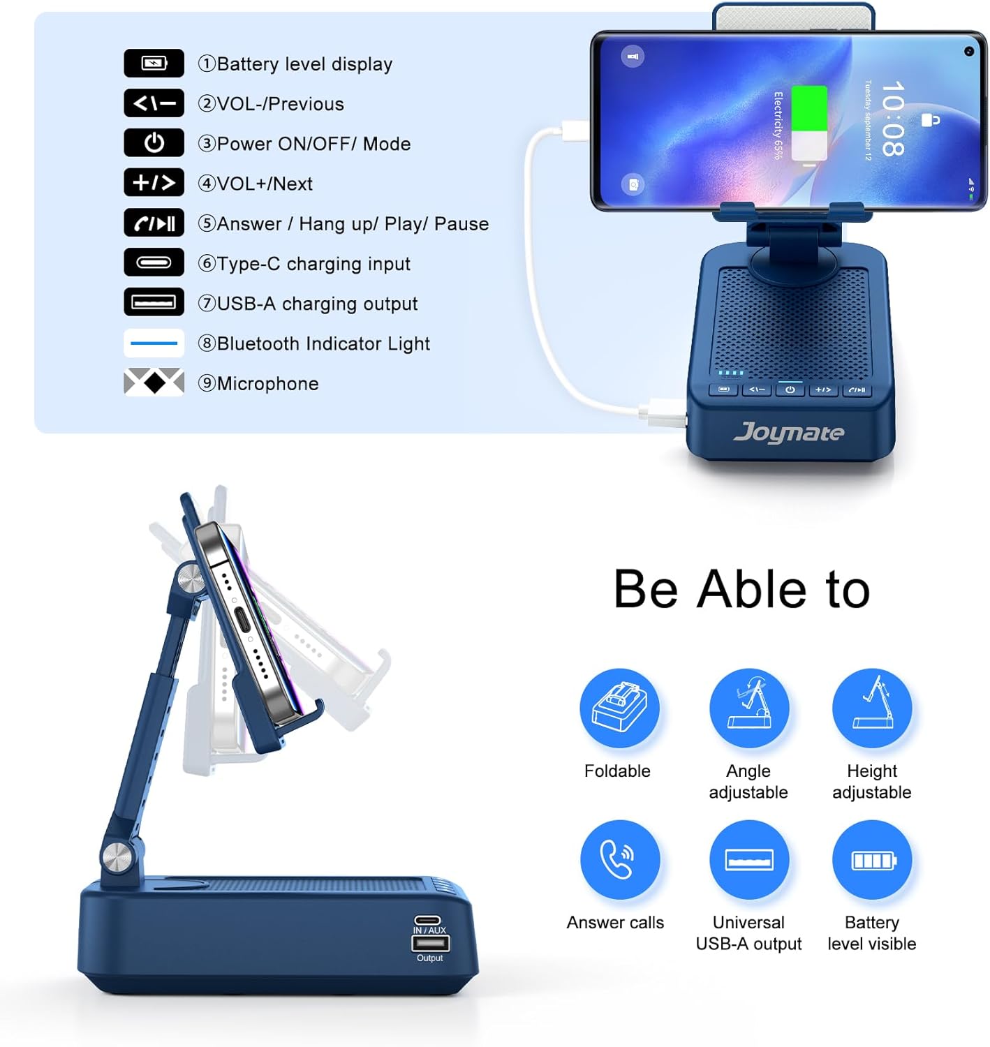 Gifts for Men Women, Bluetooth Speaker Phone Stand with Charging Function 360° Rotable Adjustable Cell Phone Holder HD Surround Sound for Desk Fits All Phones,Tablet (Blue)