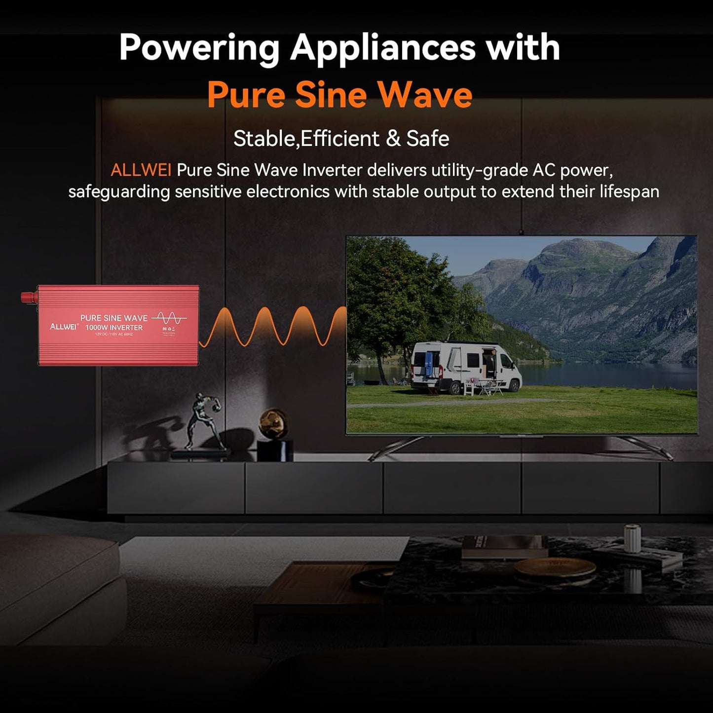 ALLWEI Pure Sine Wave Inverter - 1000 Watt Inverters 12V DC to 110V/120V AC Converter for Home, RV, Truck, Off-Grid Solar, Car Power Inverter with 2 Sockets, Power Inverters for Vehicles, 2000W Peak