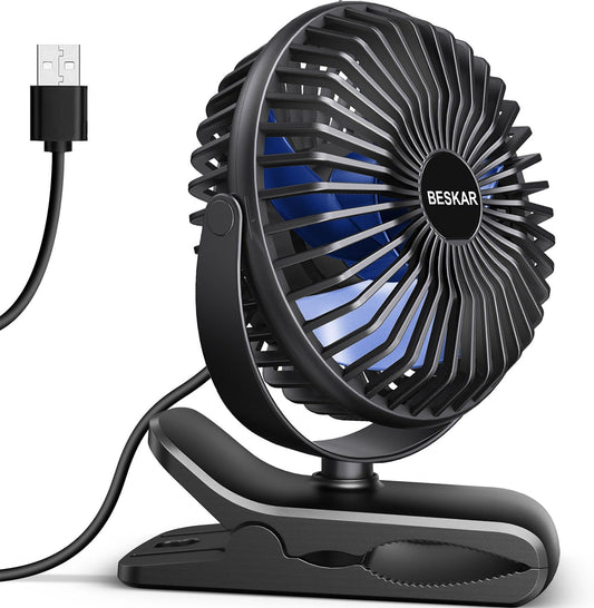 BESKAR USB Clip on Fan, Portable Small Fan with Cord Powered, 3 Speeds Strong Airflow, with Sturdy Clamp, Quiet Personal Desk Fan