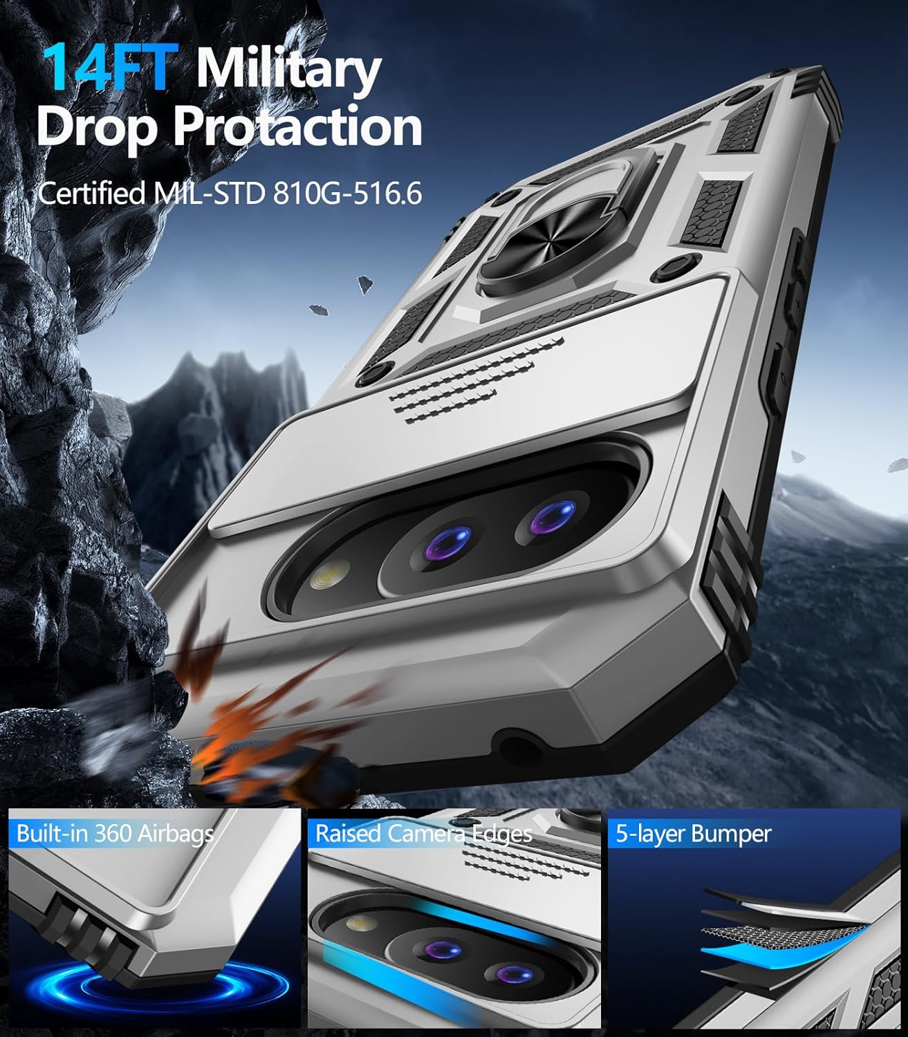 Taisairu for Google Pixel 9A Case with Screen Protector & Slide Camera Lens Cover, Built-in 360°Rotate Magnetic Ring Stand Shockproof Protective Phone Case for Google Pixel 9A Case (Silver)