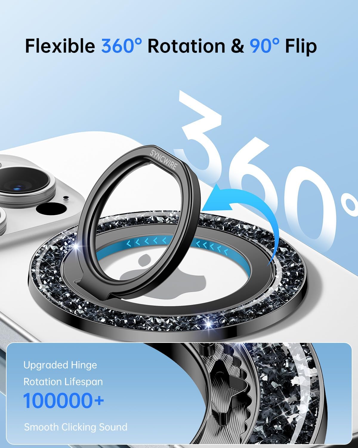 SYNCWIRE Magnetic Phone Ring Holder for MagSafe - Glitter Phone Grip Stand with 360° Rotation & Reinforced Hinge, Compatible with iPhone 16 15 14 13 Pro Max Plus MagSafe Accessories - Glitter Black