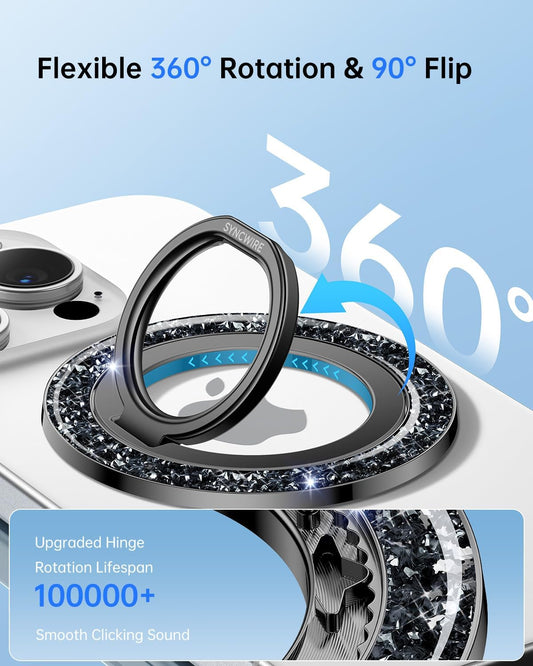 SYNCWIRE Magnetic Phone Ring Holder for MagSafe - Glitter Phone Grip Stand with 360° Rotation & Reinforced Hinge, Compatible with iPhone 16 15 14 13 Pro Max Plus MagSafe Accessories - Glitter Black