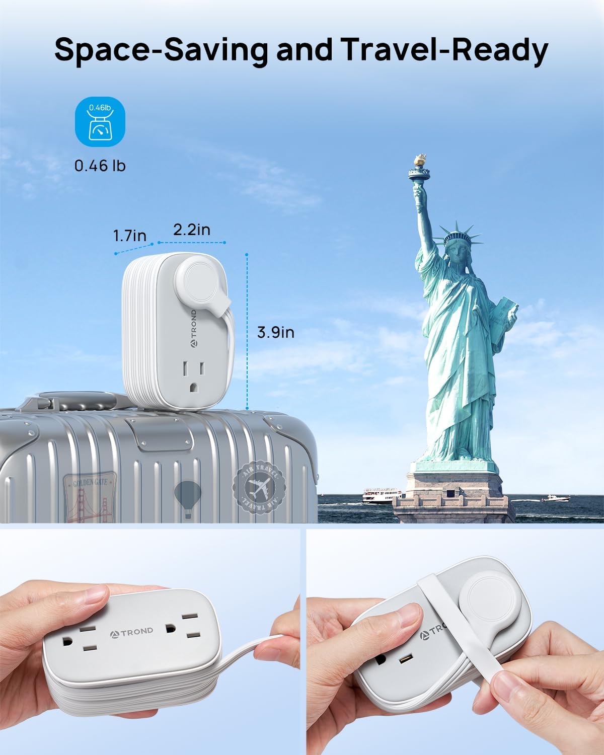 TROND Flat Plug Power Strip: 3.3ft Wrapped Short Extension Cord with 4 Outlets, 4 USB Ports, Small Charging Station, Travel Home Office Cruise Ship Dorm Room Essentials, Gray