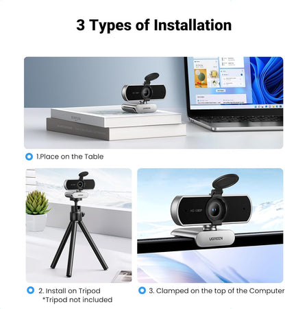 UGREEN Full HD 1080P Webcam with Microphone, 2 Noise-Canceling Mics, 85° Fov & Fixed Focus, Plug and Play, Auto Light Correction, Privacy Cover PC Camera for Zoom/Skype/Teams, Switch 2, Silver Gray