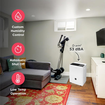 Frigidaire 60-Pint Portable Dehumidifier with Built-In Pump for Large Rooms & Basements, Custom Humidity Control, Auto Shut Off, White