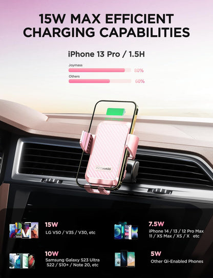 Wireless Car Charger, JOYMASS 15W Fast Charging Auto Clamping Car Charger Cell Phone Holder Mount Vent for iPhone 15 14 13 12 Mini Pro Max, Samsung Galaxy S24 Ultra S23 S22 S21+ Note 20, etc - Pink