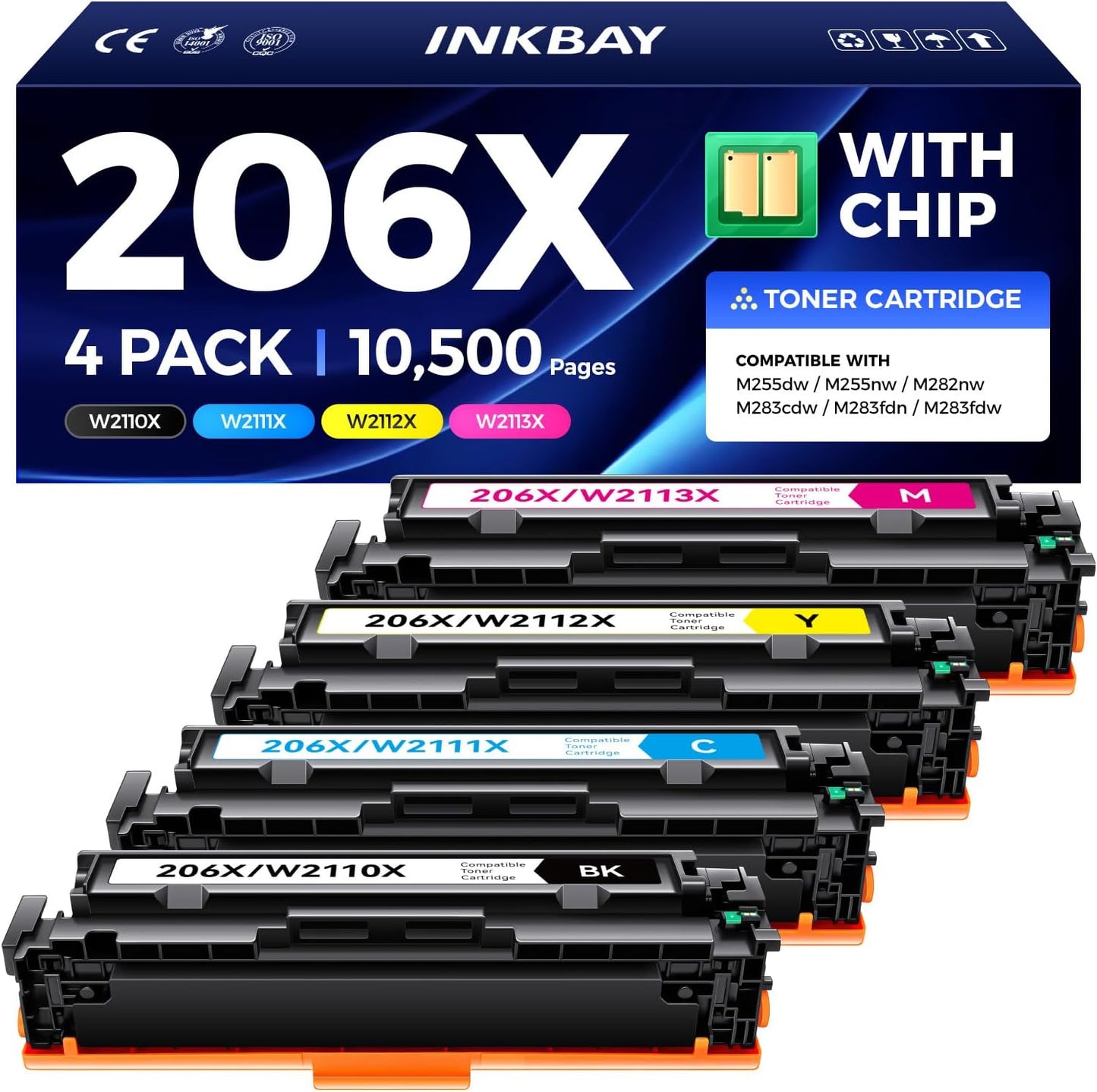 206X Toner Cartridges High Yield with Chip Replacement for HP 206X 206A Toner Compatible with Color LaserJet Pro M255dw M255nw MFP M282nw M283cdw M283fdn M283fdw Printer W2110X W2110A (4 Pack-B/C/Y/M)