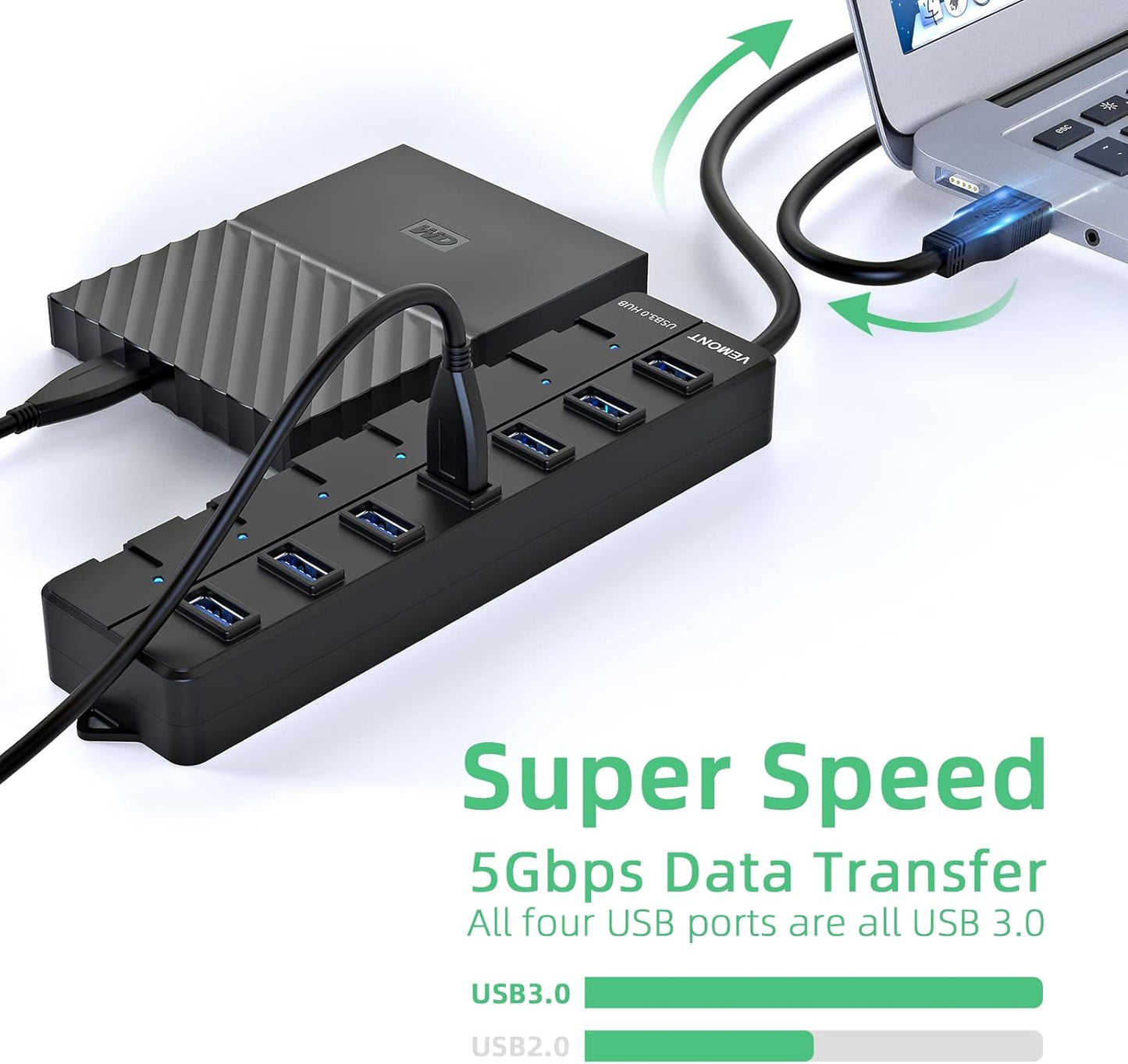 VEMONT USB hub,Computer Peripheral Equipment 7-Port USB 3.0 hub with 5V2A Power Adapter and Individual On/Off Switches,USB Charging hub 4ft/1.2m Long Cable