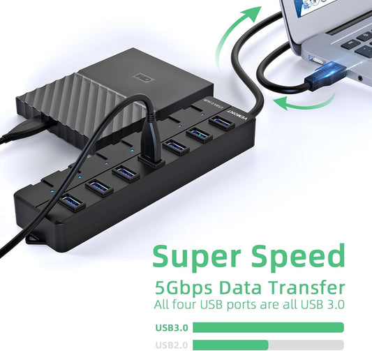 VEMONT USB hub,Computer Peripheral Equipment 7-Port USB 3.0 hub with 5V2A Power Adapter and Individual On/Off Switches,USB Charging hub 4ft/1.2m Long Cable