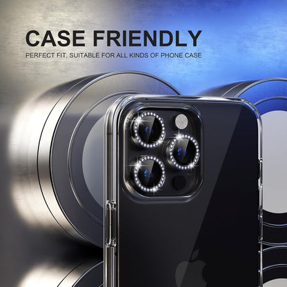 Choiche Compatible for iPhone 15 Pro/iPhone 15 Pro Max Camera Lens Protector Bling, 9H Tempered Glass Camera Cover Screen Protector Metal Ring Decoration Accessories (Diamond-Black)