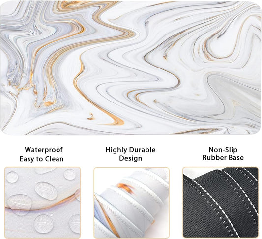 4-in-1 Large Gaming Mouse Pad, Keyboard Wrist Rest Pad & Wrist Support Mousepad Set, Extended Desk Pad Waterproof Desk Mat for Home Office Study Game - White Marble