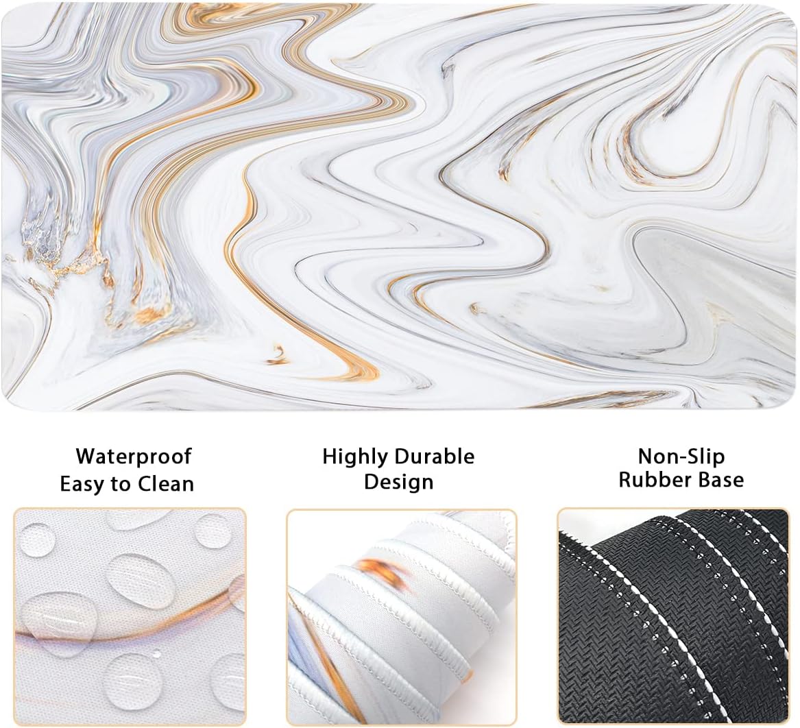 Keyboard Wrist Rest Large Mouse Pad Wrist Support for Computer, 4 in 1 Memory Foam Keyboard Pad Desk Mat Ergonomic Hand Rest Wrist Cushion for Home Office Gaming-White Marble