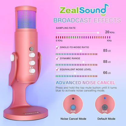 ZealSound USB Gaming Microphone for iPhone PC Type C Phone,Noise Cancellation,K66 RGB Condenser Mic with Controllable Led Lights,Echo,Touch Mute,Monitor,Gain for Podcast,Gaming,Podcasting,ASMR (Pink)