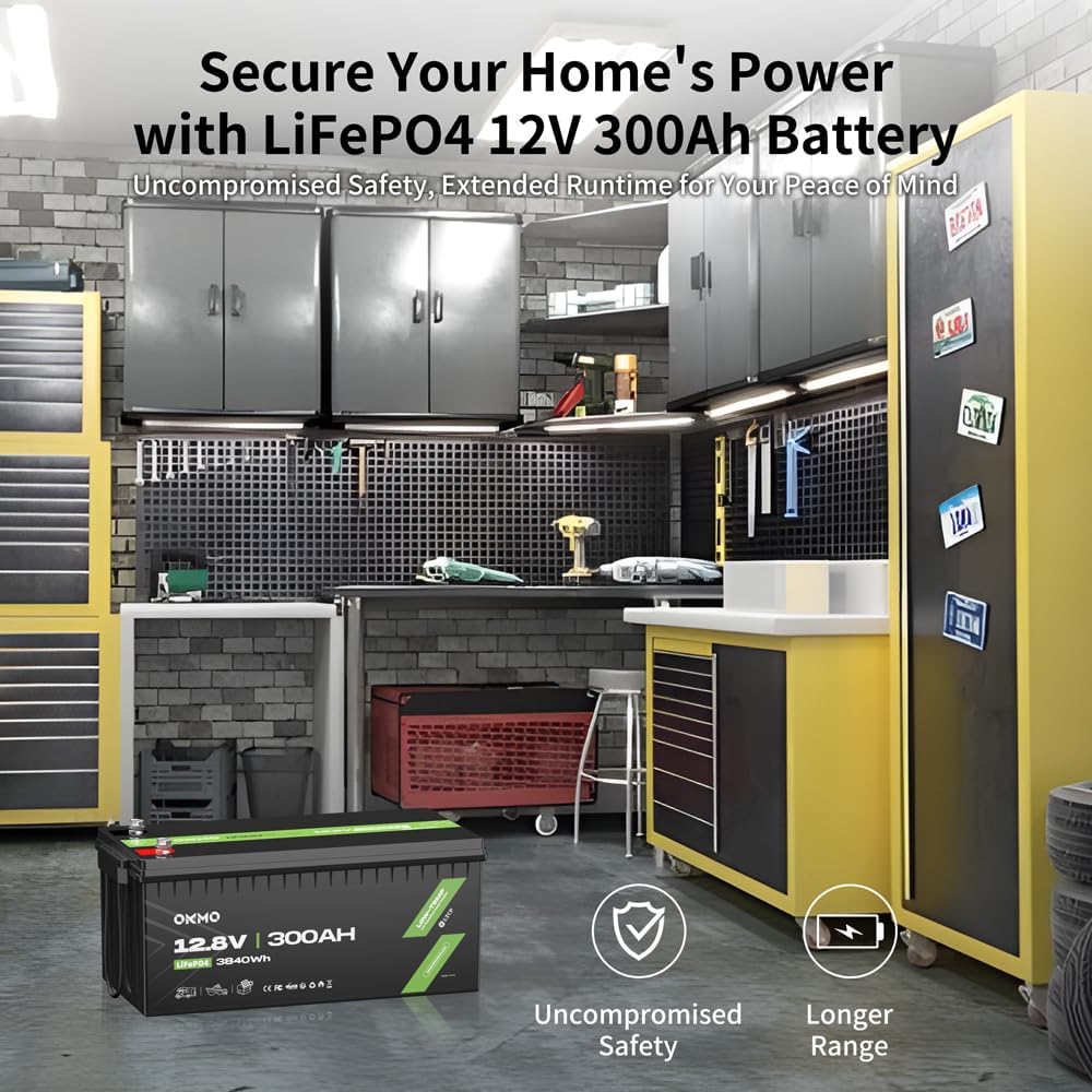 OKMO 12V 300Ah LiFePO4 Lithium Battery 150A BMS 3840Wh Rechargeable Battery for Solar Systerm,RV,Camping,Battery Backup,Marine and Home Energy Storage