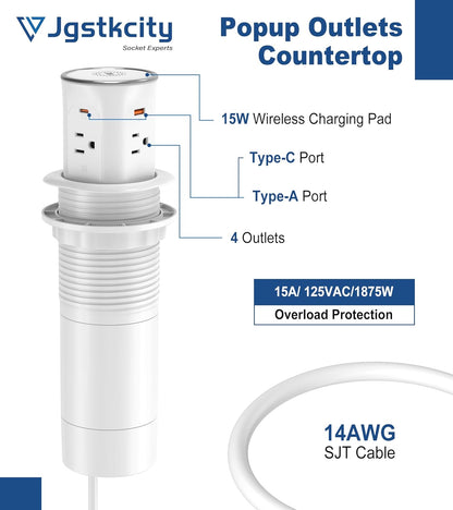 Jgstkcity Pop Up Countertop Outlet with 15W Wireless Charger,20W USB C Ports,Flush Mount Tamper Resistant,Recessed Grommet Receptacle,4 USB 4 Outlets,15A,1875W,ETL Listed,3.15in Hole,White