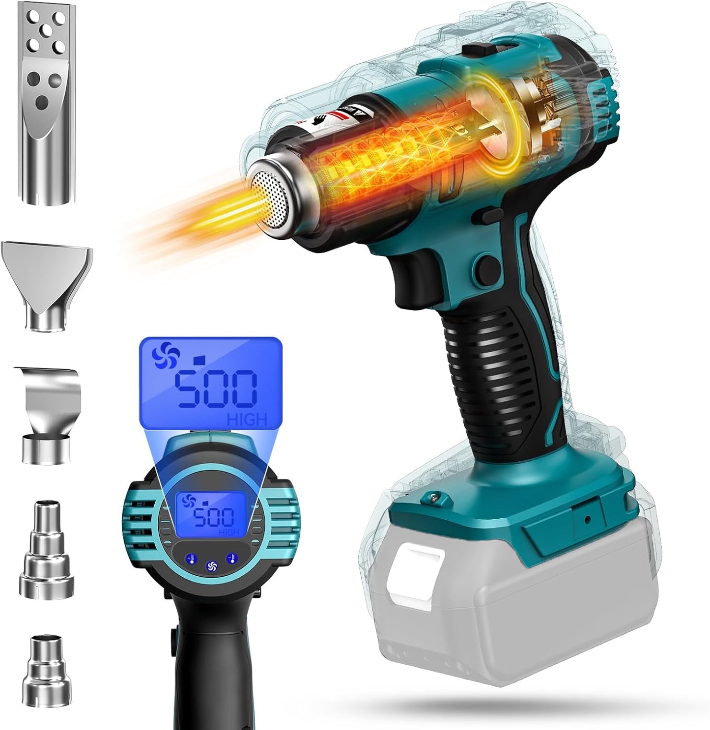 LIVOWALNY Cordless Heat Gun Compatible with Makita 18V Battery: LCD Digital Display - 350W 122℉-1022℉ Adjustable Portable Battery Powered Hot Air Gun for Shrink Tubing Crafts Vinyl Wrap (No Battery)